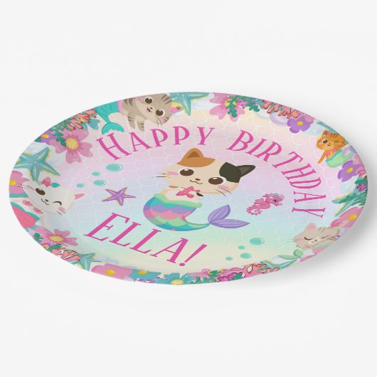 Assiettes En Carton Cat Meowmaid Fille Sirène Fête d'anniversaire (Angle)