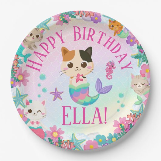 Assiettes En Carton Cat Meowmaid Fille Sirène Fête d'anniversaire (Devant)