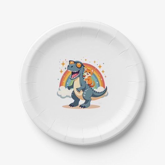 Assiettes En Carton Cat Riding Dinosaur T-Rex Kitten Rainbow Dino Funn (Devant)