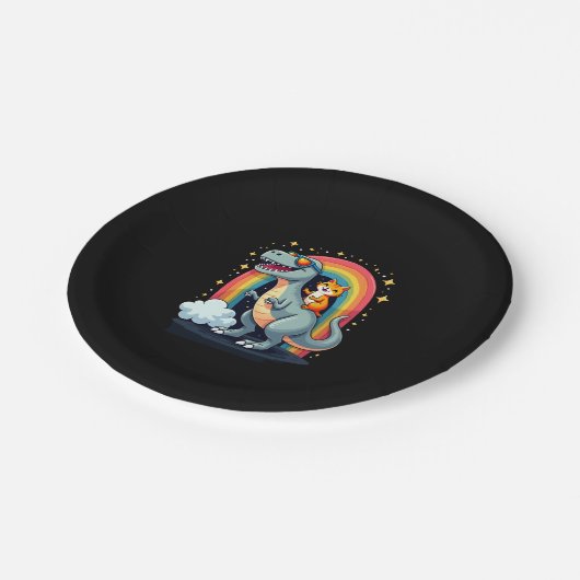 Assiettes En Carton Cat Riding Dinosaur T-Rex Kitten Rainbow Dino Funn (Angle)