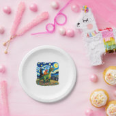 Assiettes En Carton Cat Riding Dinosaur T-Rex Starry Night Cat Lover ( (Fête)