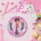 Assiettes En Carton Catrina Avec Robe Rouge & Fleurs Bleues Sur Rose W (Fête)