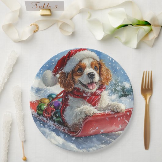 Assiettes En Carton Cavalier King Charles Spaniel Chien Sledge Noël (Mariage)