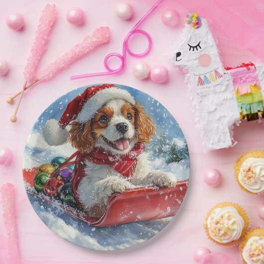 Assiettes En Carton Cavalier King Charles Spaniel Chien Sledge Noël (Fête)