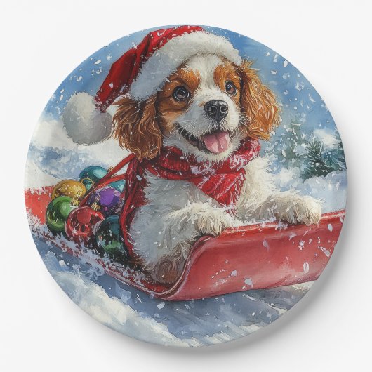 Assiettes En Carton Cavalier King Charles Spaniel Chien Sledge Noël (Devant)