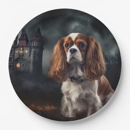 Assiettes En Carton Cavalier King Charles Spaniel Halloween effrayant (Devant)