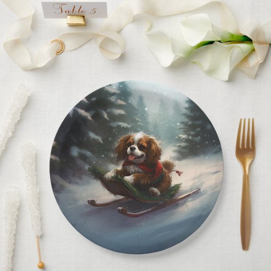 Assiettes En Carton Cavalier King Charles Spaniel neige de Noël (Mariage)