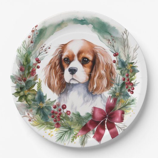 Assiettes En Carton Cavalier King Christmas Wreath Festive Pup (Devant)
