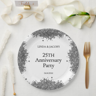 Assiettes En Carton Célébration de 25 ans de mariage avec faux paillet