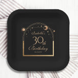 Assiettes En Carton Céleste Black Gold Sun Moon Stars 30e anniversaire<br><div class="desc">Celestial Black Gold Sun Moon Astronomy 30th Birthday Paper Plates présente un élégant soleil doré, une lune et des étoiles avec un cadre doré sur un arrière - plan noir. A l'intérieur, vous avez vos informations de trentième anniversaire personnalisées. Personnalisez en modifiant le texte dans les zones de texte. Conçu...</div>