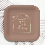 Assiettes En Carton Celestial Mocha Gold Sun Moon Stars 30e anniversai<br><div class="desc">Celestial Mocha Mousse Gold Sun Moon Astronomy 30th Birthday Paper Plates présente un élégant soleil doré, une lune et des étoiles avec un cadre doré sur un arrière - plan mocha mousse. A l'intérieur, vous avez vos informations de trentième anniversaire personnalisées. Personnalisez en modifiant le texte dans les zones de...</div>