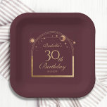 Assiettes En Carton Celestial Red Gold Sun Moon Stars 30e anniversaire<br><div class="desc">Celestial Red Gold Sun Moon Astronomy 30th Birthday Paper Plates présente un élégant soleil doré, une lune et des étoiles avec un cadre doré sur un arrière - plan rose-rouge profond. A l'intérieur, vous avez vos informations de trentième anniversaire personnalisées. Personnalisez en modifiant le texte dans les zones de texte....</div>