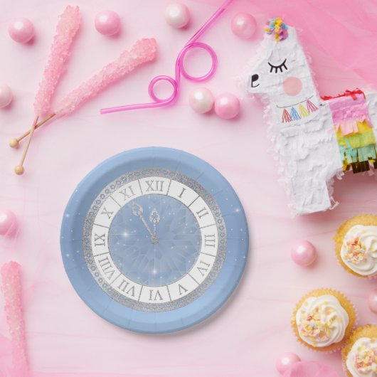 Assiettes En Carton Cendrillon bleu clair en argent Horloge Princesse (Fête)
