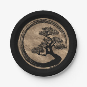 Assiettes En Carton Cercle de zen d'Enso et or d'arbre de bonsaïs