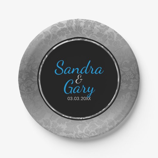 Assiettes En Carton Cercle Noir Argent Damas Avec Bague Argent (Devant)