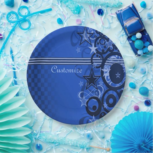 Assiettes En Carton Cercles rétro & Étoiles Plaques en papier bleu (Fête)