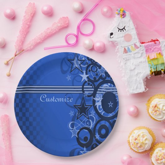 Assiettes En Carton Cercles rétro & Étoiles Plaques en papier bleu (Fête)