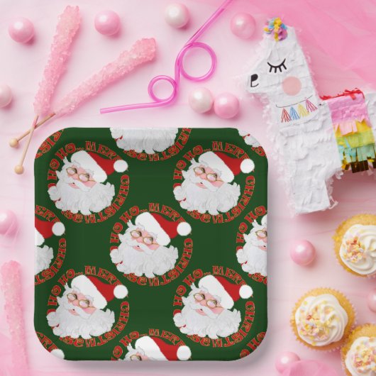 Assiettes En Carton Cercles Visages père Noël, Plaques Papier Vert (Fête)