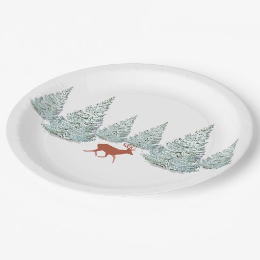 Assiettes En Carton Cerf Brown sous les épinettes neigeuses (Angle)