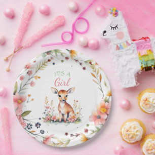 Assiettes En Carton Cerf de bébé en fleurs   C'est un Baby shower de f