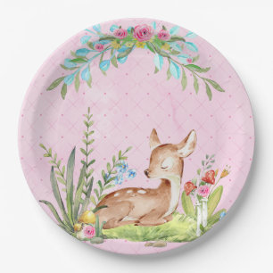 Assiettes En Carton Cerf de bébé vintage assis dans un bébé rose p