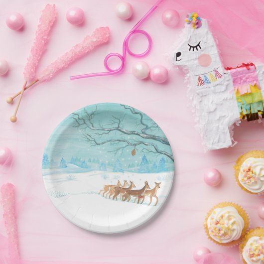 Assiettes En Carton Cerf de chevreuil dans le bois d'hiver couvert de (Fête)