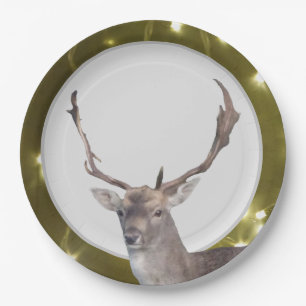 Assiettes En Carton Cerf de Noël avec plaque de papier doré