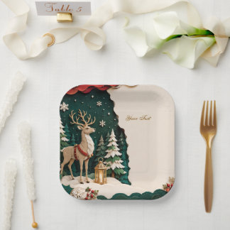 Assiettes En Carton Cerf de Noël cadre forestier