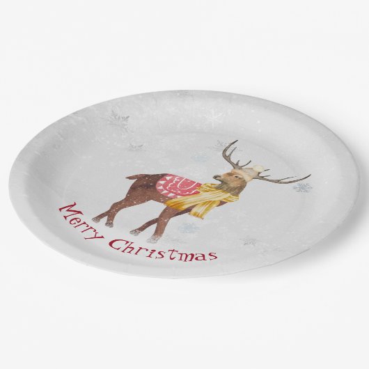 Assiettes En Carton Cerf de Noël dans des flocons de neige (Angle)