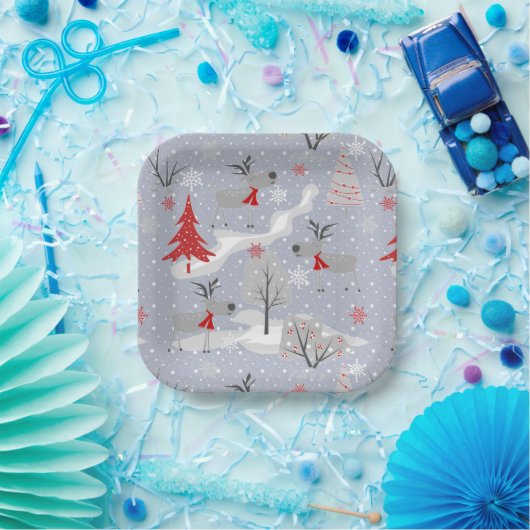 Assiettes En Carton Cerf de Noël dans la forêt (Fête)