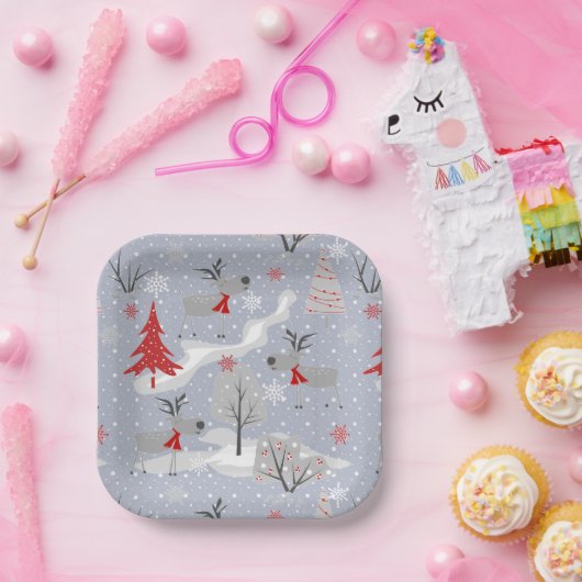 Assiettes En Carton Cerf de Noël dans la forêt (Fête)