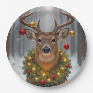 Assiettes En Carton Cerf de Noël portant une couronne lumineuse