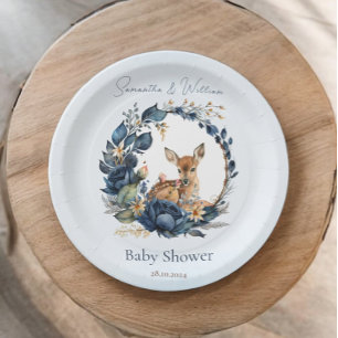 Assiettes En Carton Cerf des Bois Fleurs Bleues Boho Feuilles
