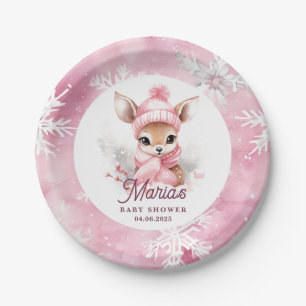 Assiettes En Carton Cerf Rose Écharpe Chapeau Hiver Nom Personnalisé F