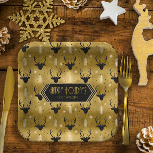 Assiettes En Carton Cerfs Antlers Flèches Motif de Noël Gold ID861