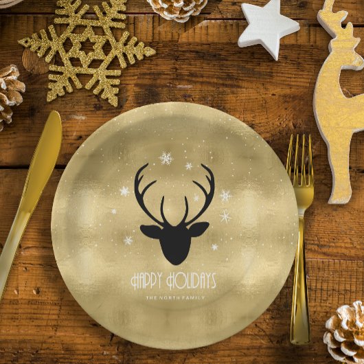 Assiettes En Carton Cerfs Antlers Silhouette & Flakes Gold ID861