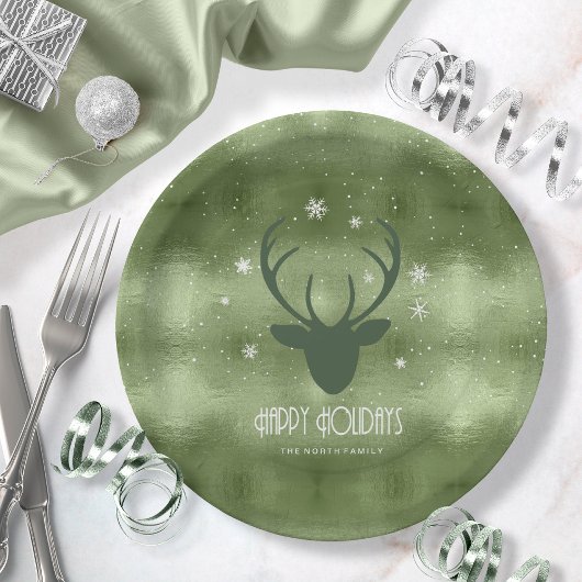 Assiettes En Carton Cerfs Antlers Silhouette & Snowflakes Green ID861
