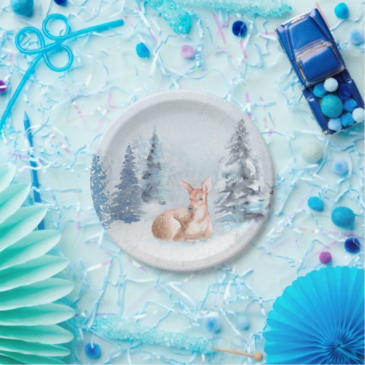 Assiettes En Carton Cerfs communs chics d'aquarelle d'hiver dans la (Fête)