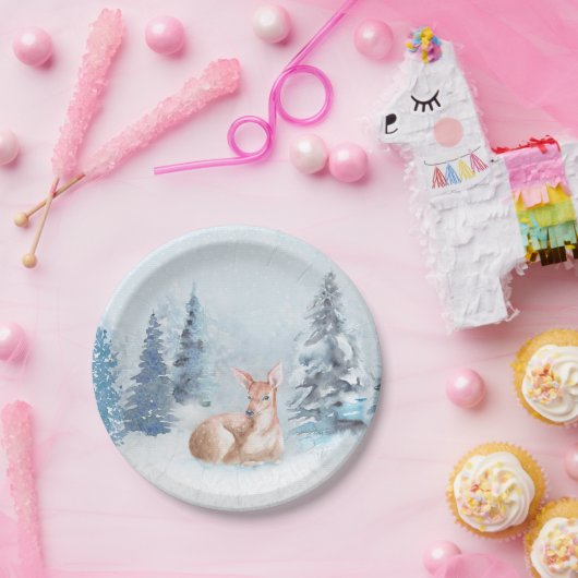 Assiettes En Carton Cerfs communs chics d'aquarelle d'hiver dans la (Fête)
