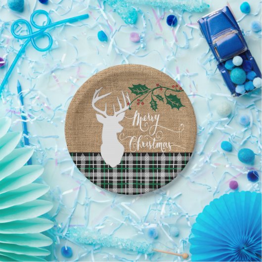 Assiettes En Carton Cerfs communs de Joyeux Noël - plaid vert (Fête)