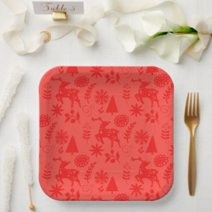 Assiettes En Carton Cerfs de forêt Art Populaire Rouge