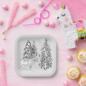 Assiettes En Carton Cerfs, hiver, forêt, arbres de Noël, monochrome (Fête)