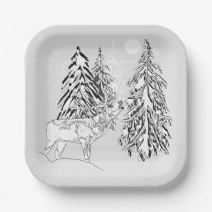 Assiettes En Carton Cerfs, hiver, forêt, arbres de Noël, monochrome