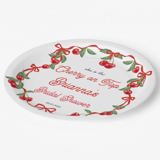 Assiettes En Carton Cerise sur ruban coquette douche de mariée (Angle)