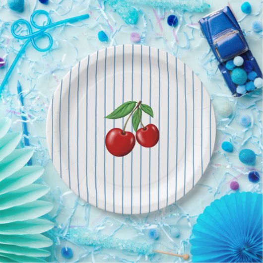 Assiettes En Carton Cerises rouges sur Bleu Motif graphique (Fête)