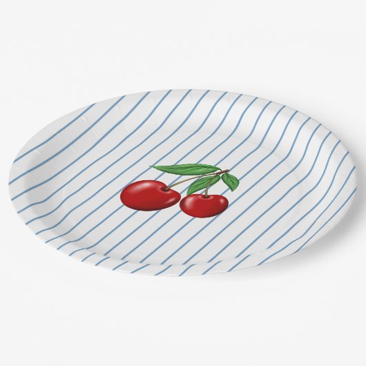 Assiettes En Carton Cerises rouges sur Bleu Motif graphique (Angle)