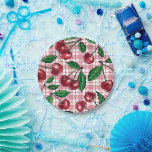 Assiettes En Carton Cerises rouges sur en vichy rose (Fête)