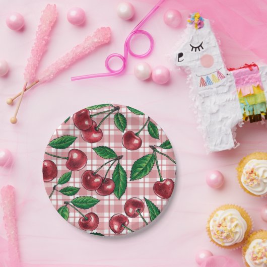Assiettes En Carton Cerises rouges sur en vichy rose (Fête)