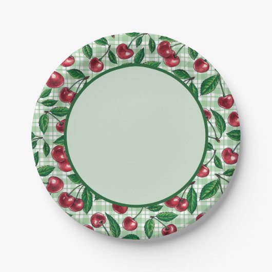 Assiettes En Carton Cerises rouges sur en vichy vert clair (Devant)
