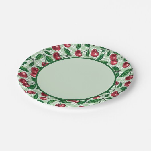 Assiettes En Carton Cerises rouges sur en vichy vert clair (Angle)